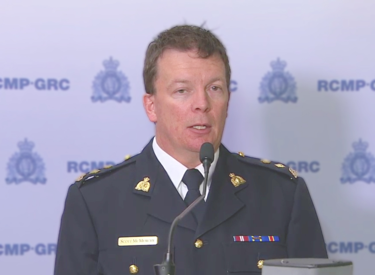 Superintendent Scott McMurchy responds to media questions about the shooting of an RCMP officer in Onanole, Manitoba