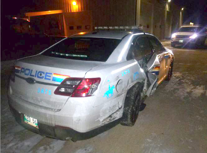 RCMP cruiser sustains significant damage after a vehicle hit it during an investigation on the Trans-Canada Highway just east of Elie Manitoba. (RCMP)